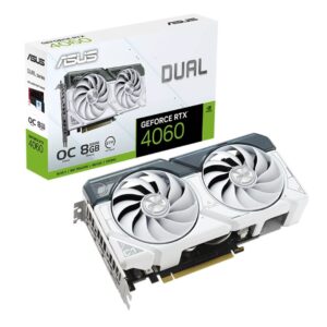 ASUS Dual GeForce RTX™ 4060 EVO White OC Edition 8GB GDDR6 with two powerful Axial-tech fans and a protective backplate for broad compatibility