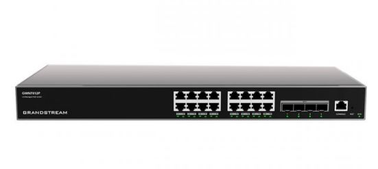 GWN7812P is a Layer 3 managed network switch with 16 RJ45 Gigabit Ethernet ports that can deliver power to connected devices like VOIP phones or IP cameras via POE (Power Over Ethernet). The switch also has four 10 Gigabit SFP+ ports for fiber.