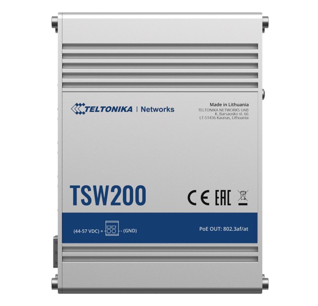 TSW200 is the first industrial grade switch in the Teltonika Networks portfolio with eight Gigabit Ethernet ports that support IEEE802.3af and IEE802.3at Power-over-Ethernet standards. - PSU excluded