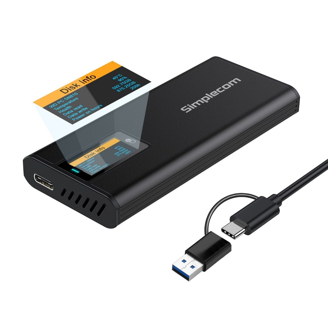 Simplecom SE530 NVMe / SATA M.2 SSD to USB-C Enclosure with SMART LED Screen USB 3.2 Gen 2 10Gbps