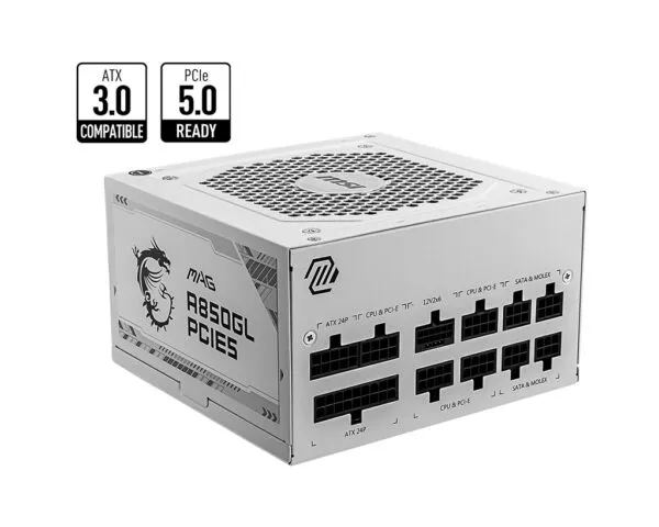 MSI MAG A850GL PCIE5 WHITE 850W Up to 90% (80 Plus Gold) ATX Power Supply Unit