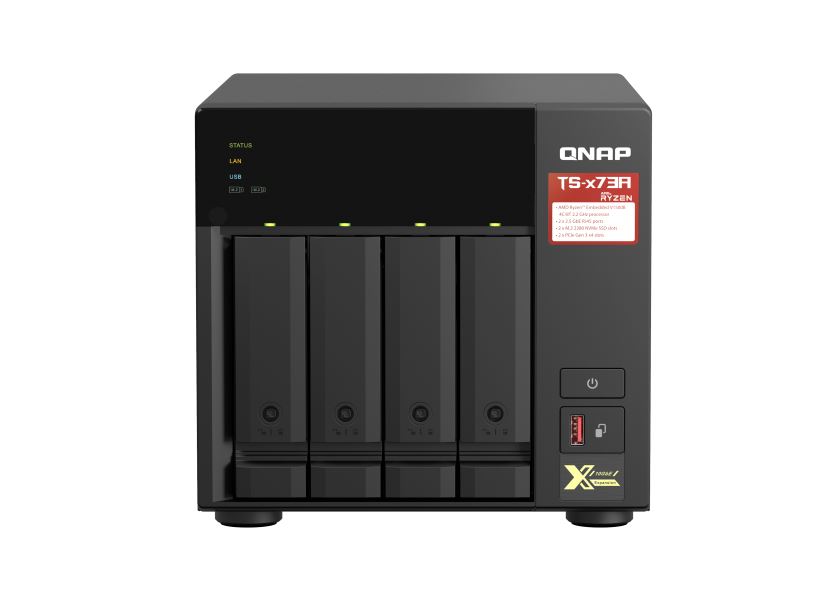 Featuring an AMD Ryzen™ V1000 series V1500B quad-core processor that delivers great system performance with up to quad-core / 8 threads and Turbo Core up to 2.2 GHz. The TS-473A features two 2.5GbE RJ45 ports and two PCIe Gen 3 slots for you to flexibly deploy 5GbE/10GbE networks. Two M.2 NVMe SSD slots for Qtier Technology and SSD Caching enable constant storage optimization. The TS-473A supports QTS and QuTS hero