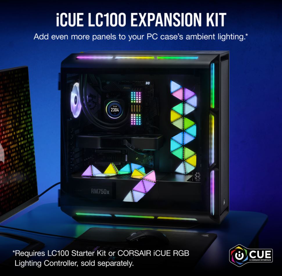 The CORSAIR iCUE LC100 Case Accent Lighting Panels – Mini Triangle Expansion Kit adds nine more interconnected mini RGB lighting panels to your LC100 setup