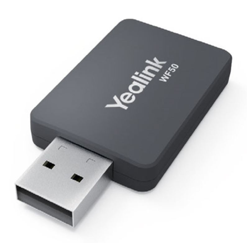 The Yealink WF50 V1  is a dongle that allows users to connect their Yealink IP Phones to a Wi-Fi network via 2.4GHz (150 Mbps) or via a 5GHz (up to 433 Mbps) Wi-Fi network. The WF50 W-Fi dongle is a plug-and-play device that helps reduce the interference from nearby wireless devices.