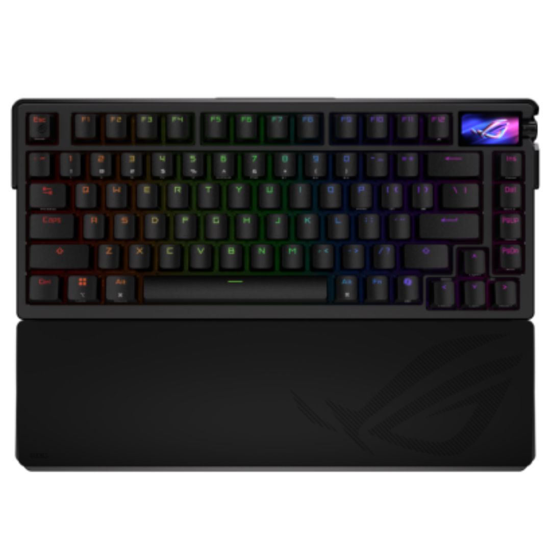 The ROG Azoth Extreme is a customizable 75% gaming keyboard with a premium aluminum-alloy chassis and metal frame. It features an 8000 Hz report rate with the ROG Polling Rate Booster and over 1600 hours of battery life in ROG SpeedNova 2.4 GHz wireless mode. The upgraded OLED touchscreen and three-way knob enable system monitoring and quick adjustments. The carbon-fiber positioning plate ensures a crisp typing sound