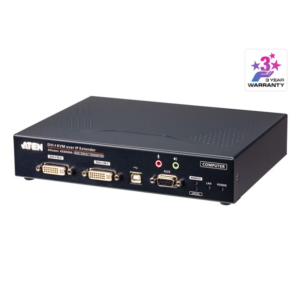 The KE6940A extenders are consisted of a high performance IP-based transmitter (KE6940AT) that connects to the computer. The KE6940A allows extended access of computer systems remotely via USB consoles (USB keyboard