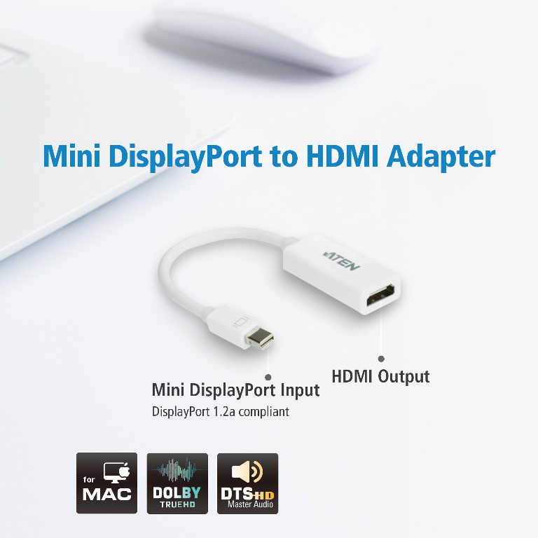The Mini DisplayPort to HDMI Adapter allows you to connect a device with a Mini DisplayPort to a Display with a HDMI connector. The adapter is perfect for Mac series products