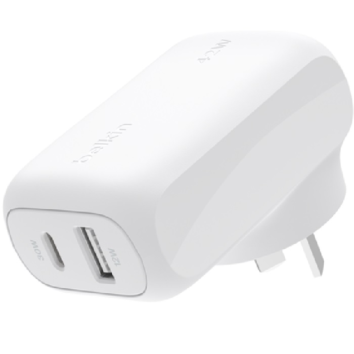 <h3>Belkin BoostCharge 42W USB-C PD 3.0 PPS Dual Wall Charger - White (WCB009auWH)</h3>