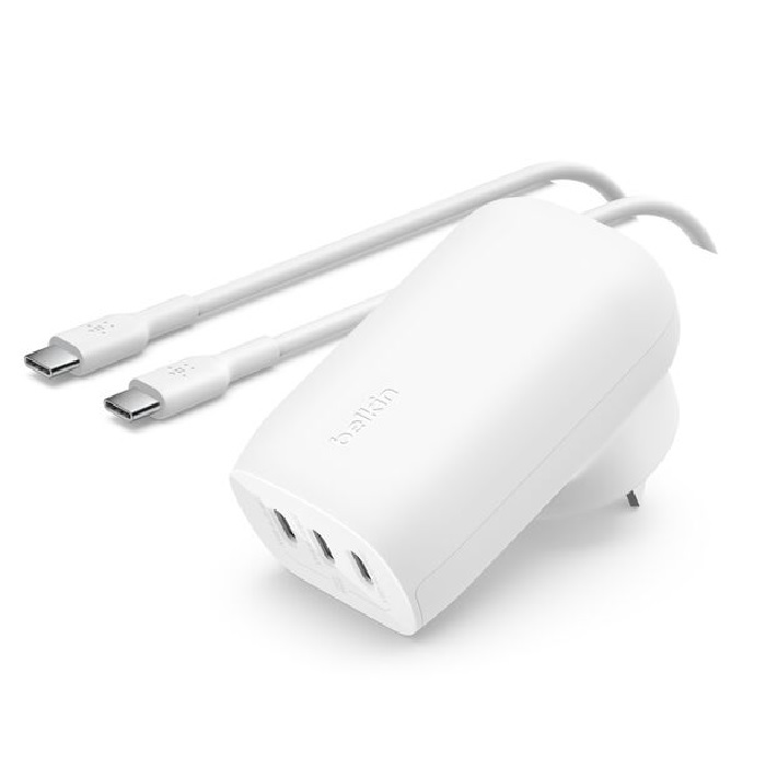 <h3>Belkin BoostCharge 67W 3-Port USB-C PPS Wall Charger + USB-C to USB-C Cable – White (WCC002au2MWH-B6)</h3>