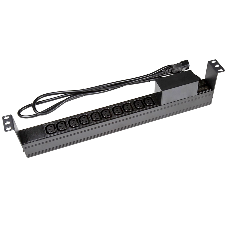 10 Outlet Horizontal Power Rail (10A IEC C13) with 6KA C-Curve Circuit Breaker. Integrated 2m power cord (10A IEC C14) 1RU.