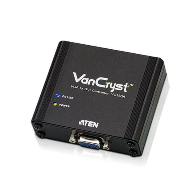 The VC160A is a VGA-to-DVI Converter that lets you view VGA source data in DVI output display. It uses dual power