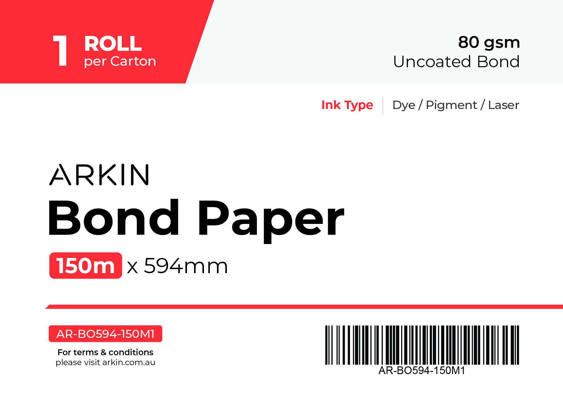 BOND PAPER 80GSM - 594MM X 150M 1 ROLL/CTN