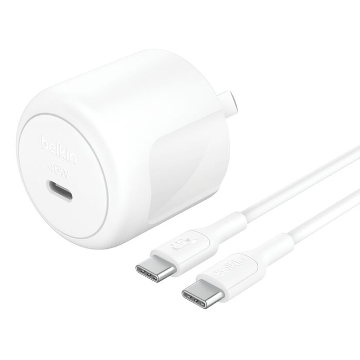<h3></noscript>Belkin BoostCharge Compact 45W USB-C PD 3.1 Wall Charger + USB-C to USB-C Cable 60W (1M) - White (WCA013au1MWH-B6)</h3>