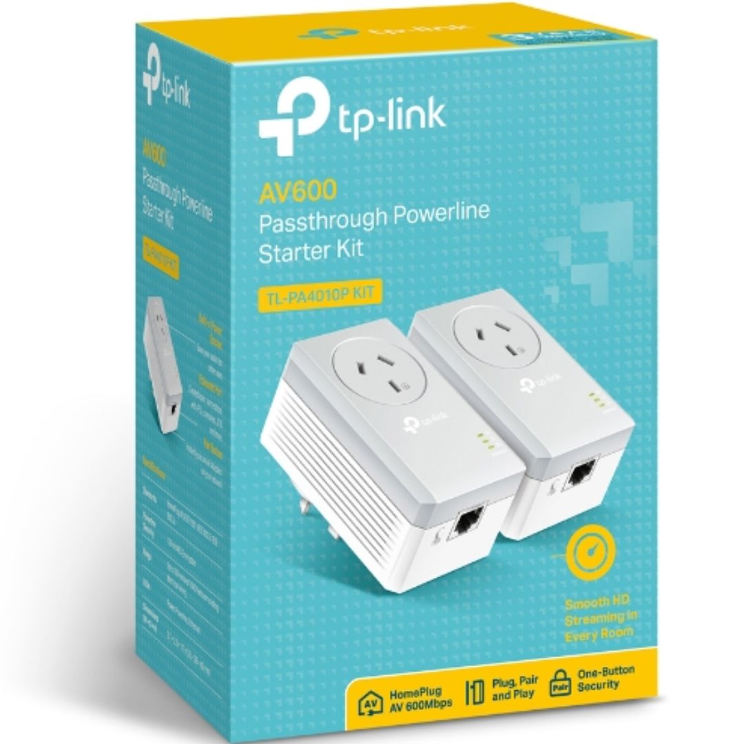 TP-Link TL-PA4010PKIT AV600 Powerline Adapter with AC Pass Through Starter Kit 600Mbps HomePlug AV 1x100Mbps LAN Power Socket 300m range Plug and play