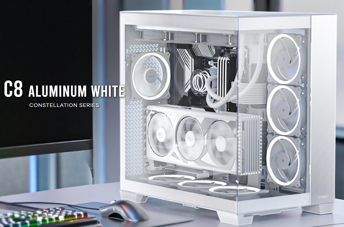 Antec C8 Aluminum White E-ATX Seamless Edge View Front and Side
