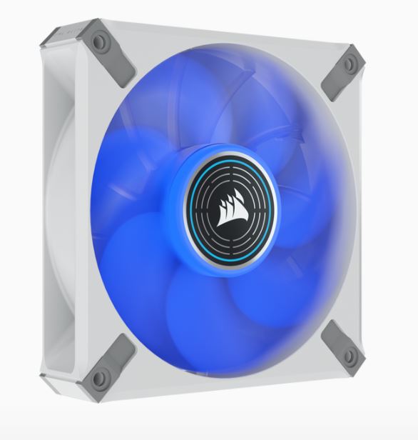The CORSAIR ML120 LED ELITE Blue Premium 120mm PWM Magnetic Levitation Fan - White Frame boasts CORSAIR AirGuide technology and a magnetic levitation bearing for high-performance quiet