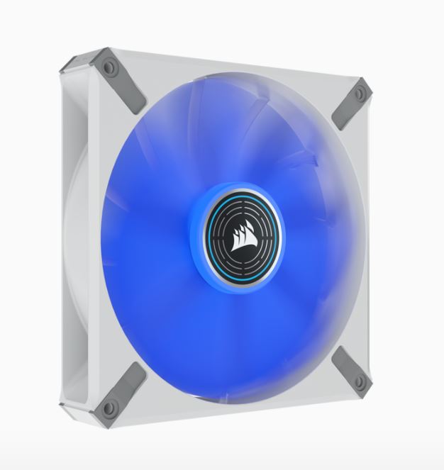 The CORSAIR ML140 LED ELITE Blue Premium 140mm PWM Magnetic Levitation Fan - White Frame boasts CORSAIR AirGuide technology and a magnetic levitation bearing for high-performance quiet