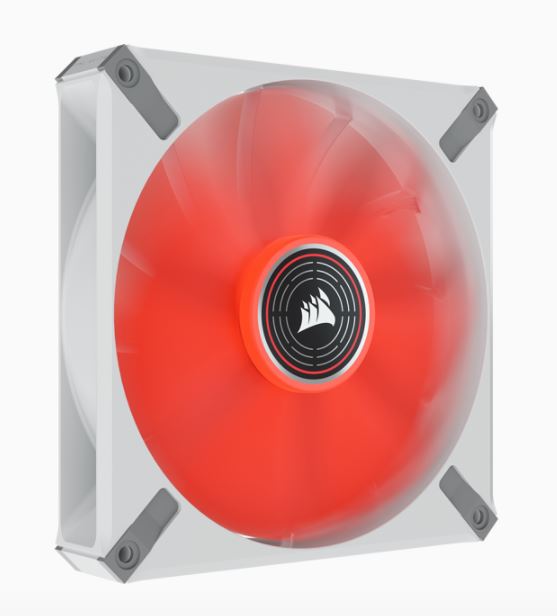 The CORSAIR ML140 LED ELITE Red Premium 140mm PWM Magnetic Levitation Fan - White Frame boasts CORSAIR AirGuide technology and a magnetic levitation bearing for high-performance quiet