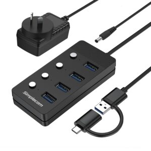 Simplecom CH345C SuperSpeed USB-A and USB-C to 4-Port USB 3.0 Hub 5Gbps Individual Switches and Power Adapter