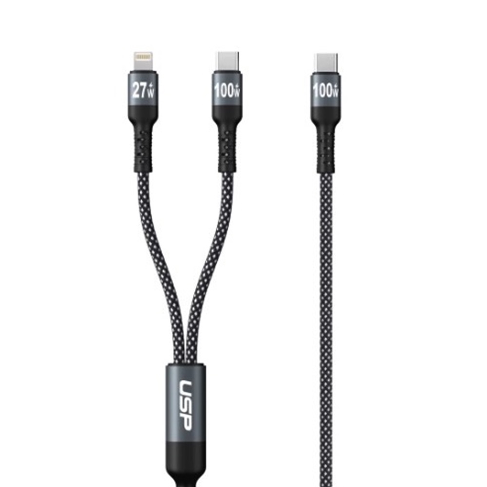 USP Braided 2-in-1 USB-C to Lighting (27W) + USB-C (100W) Super Fast Charging Cable (1.2M) Black
