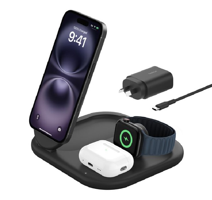 Belkin BoostCharge 3-in-1 Magnetic Foldable Qi2 Wireless Charger + 36W Wall Charger + USB-C Cable (1.5M) - Black (WIZ029auBK)