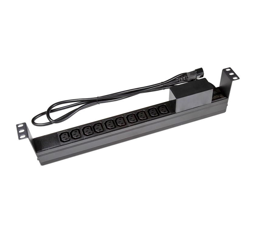 10 Outlet Horizontal Power Rail (8x 10A IEC C13  2x 16A IEC C19) with 6KA C-Curve Circuit Breaker. Integrated 2m power cord (16A IEC C20) 1RU. Colour Black.