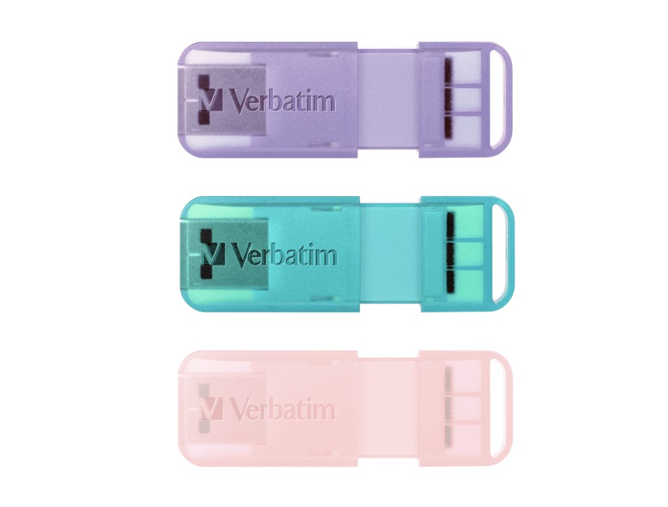 Verbatim’s 32GB Store ‘n’ Go PopUp USB Drive is available as a convenient triple pack  assorted bright and contemporary colours.