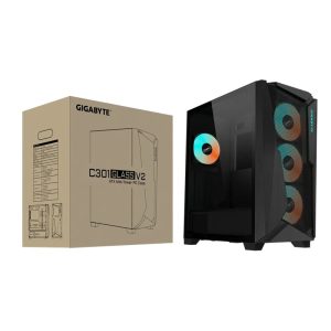Gigabyte C301V2 RGB Tempered Glass E-ATX Black Mid Tower Gaming Chassis 2x3.5' 2x2.5' 2xUSB3.0 Detachable Dust Filter Liquid Cooling PSU Standard ATX – Gigabyte CAGB-C301GV2ATX ATX and Micro ATX Case No PSU Product Image