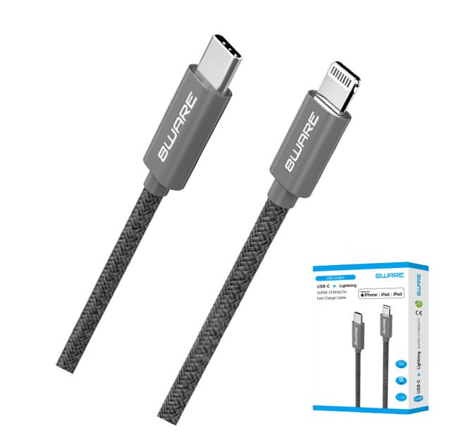 8ware 1.5m Super Ultra USB-C to Lightning Cable Super Fast charging Strength Aluminium flexible nylon Apple iPone iPad iPod Mac Retail Pack – 8ware CB8W-USBLIGHTNING HDMI & Video Cables Product Image