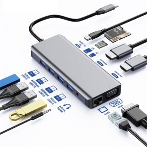 Astrotek USB-C Dock 12-in-1 Multiport Hub/Docking Station with 100W Power 2xHDMI 4K VGA GLAN 2xUSB3.0 2xUSB2.0 Card Reader for HP Lenovo Asus MacBook – Astrotek CBAT-USBCDOCK12 USB-C Cables Converters Adapters Product Image