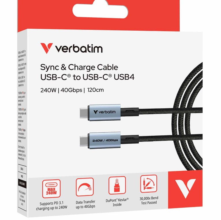 Verbatim Sync & Charge USB C to USB C 240W 40 Gbps120 cm – Verbatim CBV-31847 USB