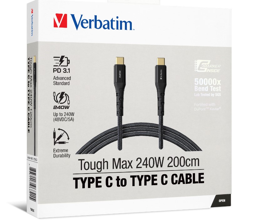 Verbatim Cable 240W USB-C to USB-C 200CM PD 3.1 and QC 3.0 and 4.0 Premium Cable – Verbatim CBV-66821 USB