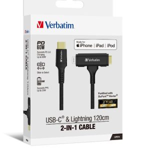 Verbatim 2-in-1 Cable Type C to C & Lightning Kevlar Slide 120cm -BLK – Verbatim CBV-66974 USB