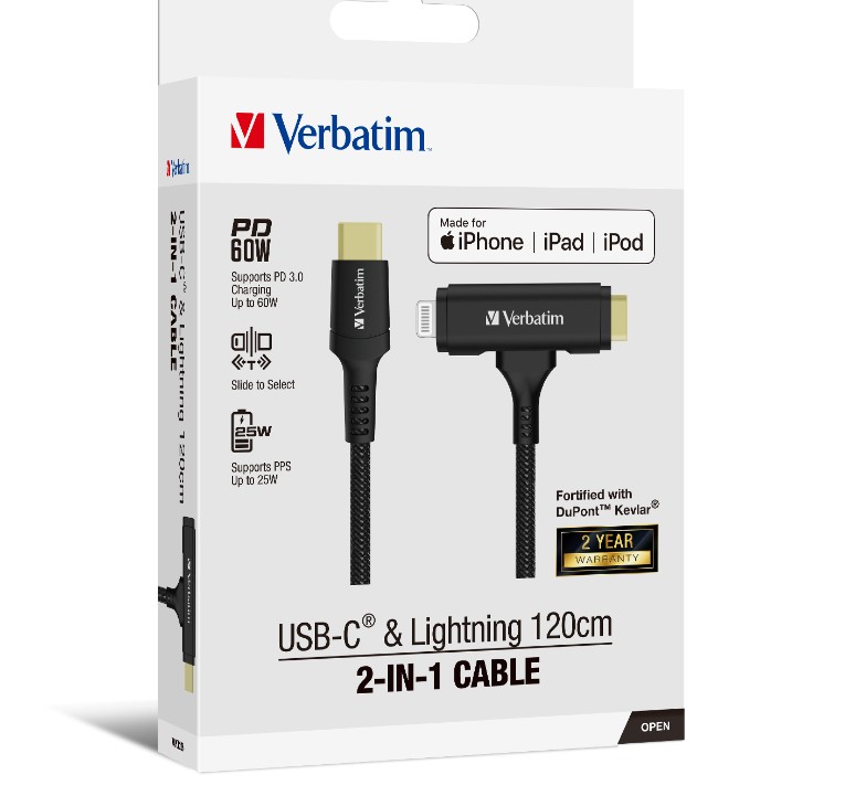 Verbatim 2-in-1 Cable Type C to C & Lightning Kevlar Slide 120cm -BLK – Verbatim CBV-66974 USB