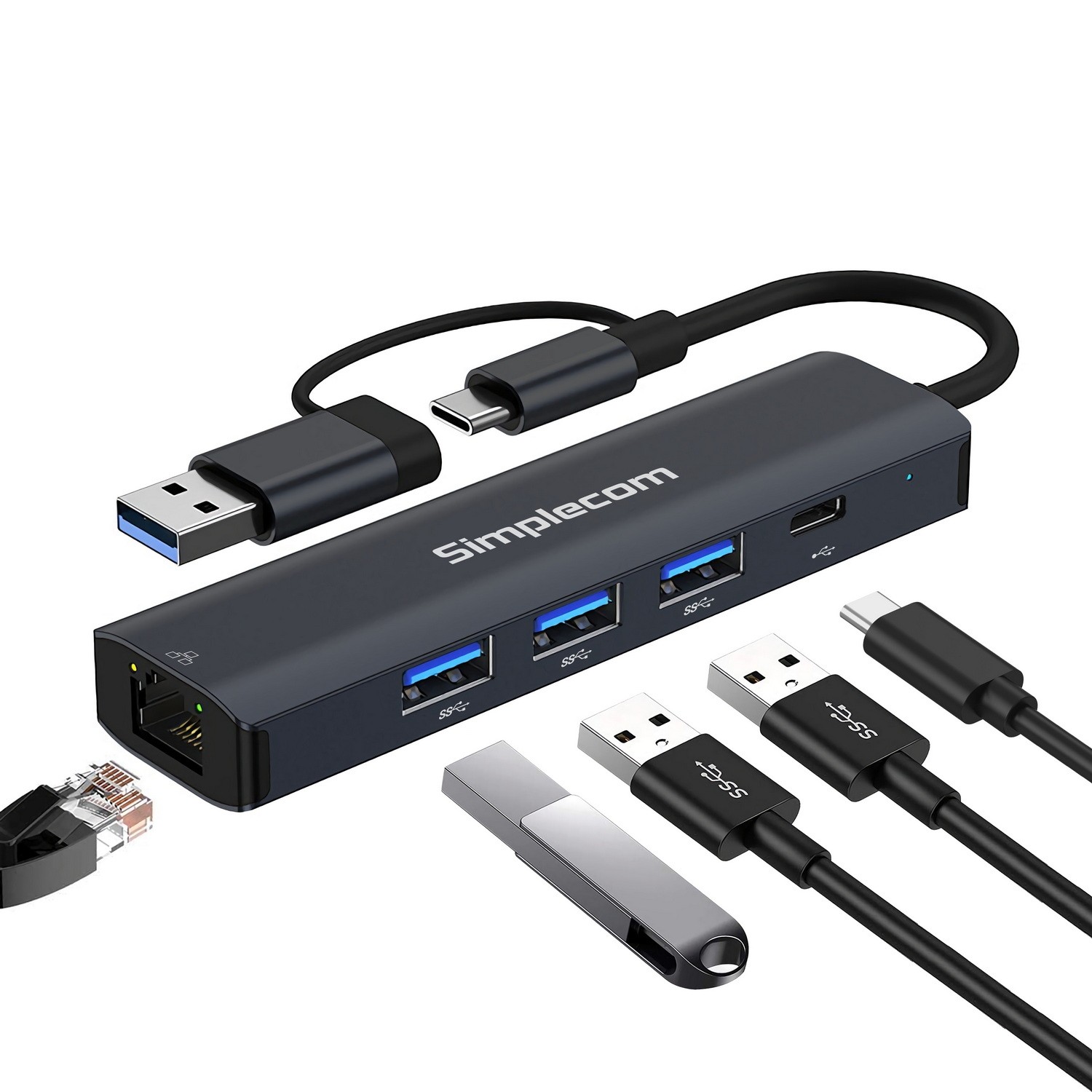 Simplecom CHN436 USB-C and USB-A to 4-Port USB HUB with Gigabit Ethernet Adapter – Simplecom HXSI-CHN436 USB Hubs Product Image