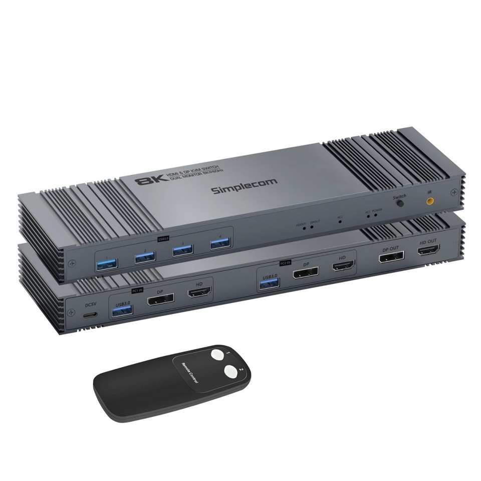 Simplecom KM490 HDMI and DisplayPort Dual Monitor KVM Switch for 2 Computers with 4-Port USB 3.0 Hub 5Gbps 8K@60Hz – Simplecom HXSI-KM490 Docking Stations & Port Replicators Product Image