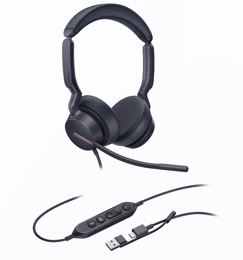 Yealink UH46 Dual Teams USB-C/A Microsoft Certified Teams USB Wired Headset 3-Noise-Canceling Microphones 35mm Speaker Busylight Leather Controller – Yealink IPY-UH46-D-MS-CA Corded (USB-A with USB-C) Product Image