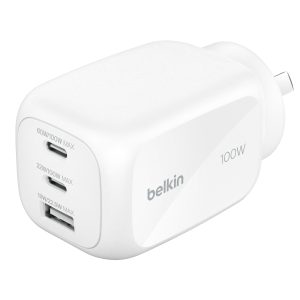 Belkin BoostCharge Pro 100W 3-Port GaN Wall Charger - White (WCH016AUWH)