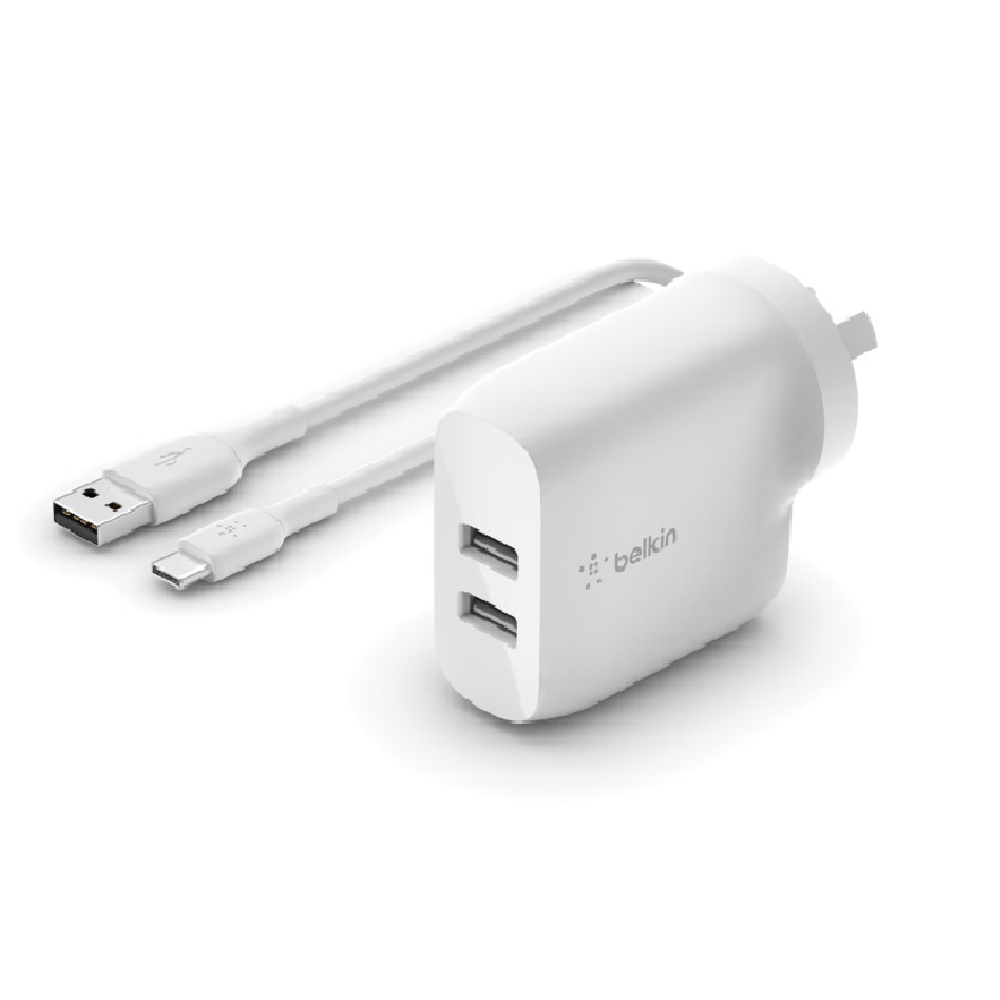 Belkin BoostCharge 24W Dual USB-A Wall Charger + USB-A to USB-C Cable (1M) - White (WCE001au1MWH)
