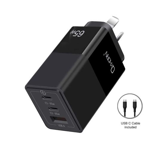 Oxhorn 65W GaN Type C fast Charger 3 Port 2xUSB-C 1xUSB-A PD3.0 QC4.0 PPS AUS Approved C-tick Black with cable – Just You PC MPOXH-NB-PD65CCAB Wall Chargers Product Image
