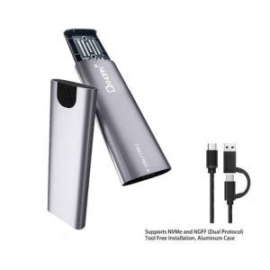 Oxhorn USB C 3.2 Gen 2 M.2 Enclosure NVMe NGFF (Dual Protocol) Support M key M.2 STAT M.2 NVMe SSD up to 4TB Macs Windows USB-C USB-A 2 YR WTY – Just You PC NAO-UM-310 Power Adaptors Product Image