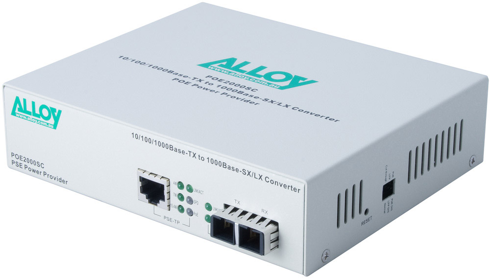 Alloy POE3000ST 10/100/1000Base-T PoE+ RJ-45 to 1000Base-SX Multimode (ST) Converter. Wavelength: 850nm. Max. range 550m – Alloy NHA-POE3000ST Media Converters Product Image