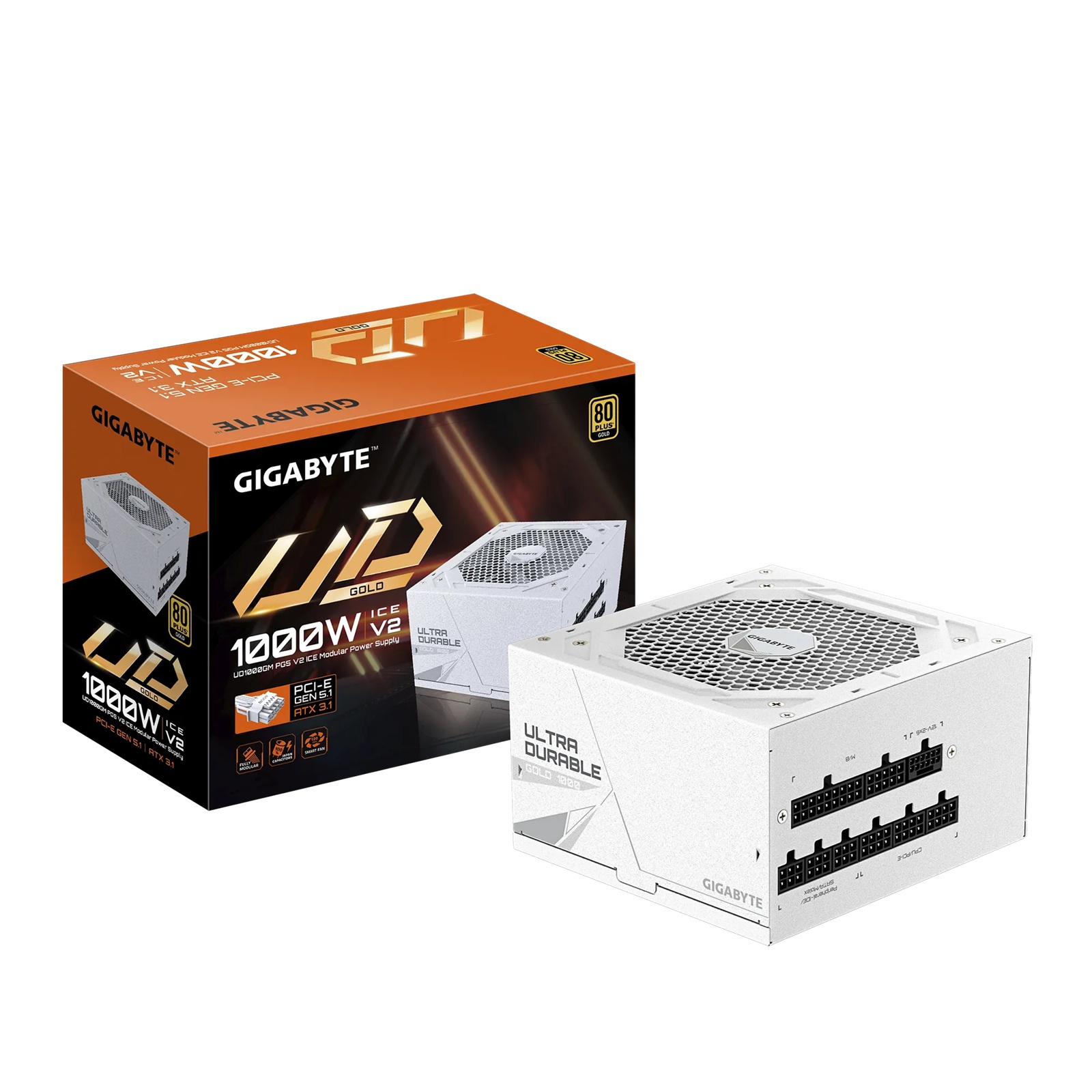 Gigabyte UD1000GM PG5 ICE 1000W ATX PSU Power Supply 80+ Gold >90% 120mm Fan Black Flat Cables Single +12V >100K Hrs – Gigabyte PSG-UD1000GMPG5ICE ATX/PS2 Product Image