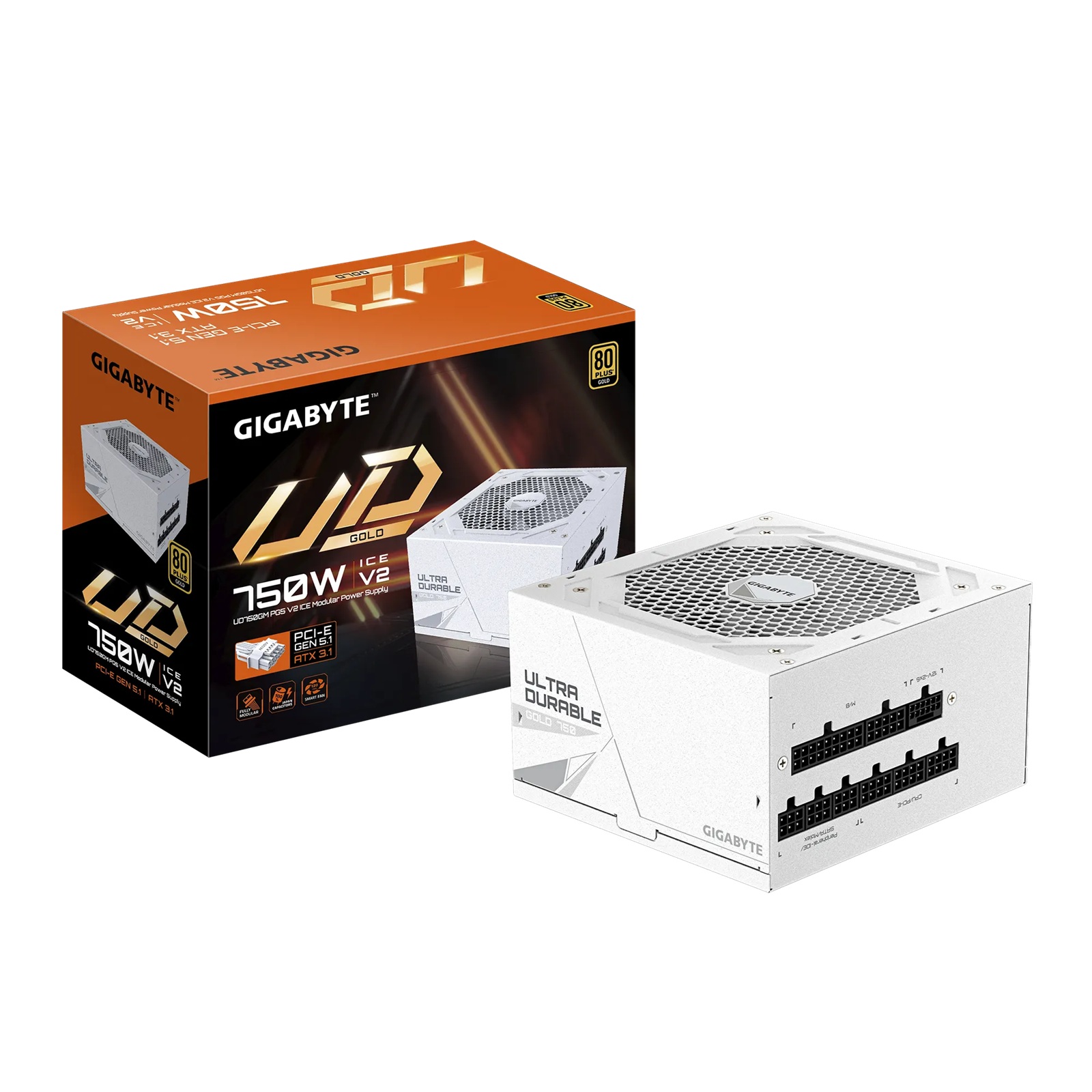 Gigabyte UD750GM ICE PG5 750W ATX PSU Power Supply 80+ Gold >90% Black Flat Cables Single +12V Rail Japanese >100K Hrs (NEW) – Gigabyte PSG-UD750GMPG5ICE ATX/PS2 Product Image
