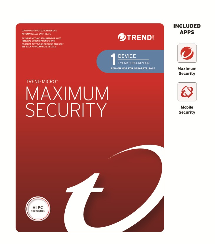 Trend Micro Maximum Security (1 Device) 1 Year Add-on Auto Renew OEM – Trend Micro STRENDMAXSECRET1-1Y-O Anti-Virus Software Product Image