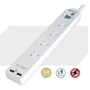 Sansai 4 Way Basic Powerboard USB Ax2 4 Outlets Master Switch Surge and overload protection1M Length – Generic UPSA-PB503USB Power Boards Product Image