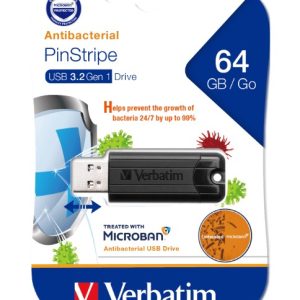 (LS)Verbatim 64GB Antibacterial Pinstripe USB 3.0 Drive (with Microban®) Black – Verbatim USV-66776 USB3.0 Memory Thumb Drive Product Image
