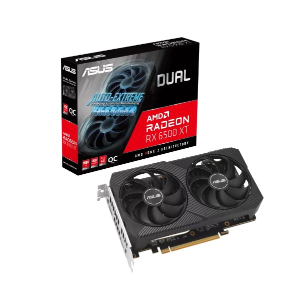 ASUS AMD Radeon DUAL-RX6500XT-O4G-V2 RX 6500 XT V2 OC Edition 4GB GDDR6 with two powerful Axial-tech fans and a 2-slot design – ASUS VCA-RX6500XT-O4G-V2-DU PCI-E AMD Chipset Product Image