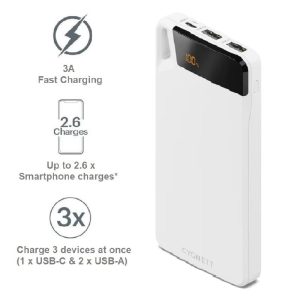 Cygnett ChargeUp Boost 4th Gen 10K mAh Power Bank-White(CY4748PBCHE)Triple Port(Dual USB-A 15W+1xUSB-C 15W)