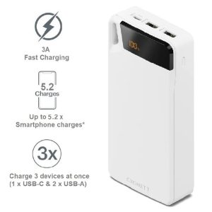 Cygnett ChargeUp Boost 4th Gen 20K mAh Power Bank- White(CY4752PBCHE)Triple Port(Dual USB-A 15W+1xUSB-C 15W)